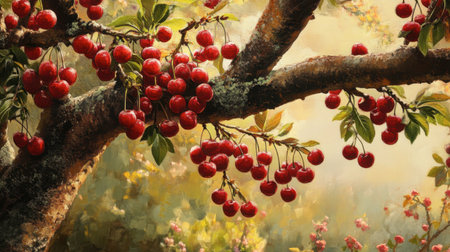 A cherry tree in full bloom with ripe red cherries hanging from the branches.の素材