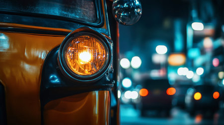A close-up of a tuk-tuk unique headlight design, with a reflection of the city lights creating an artistic perspective.の素材