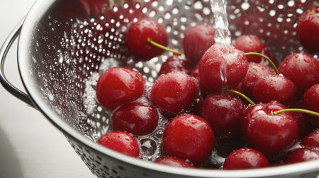 A close-up of freshly washed red cherries in a metal colander, water droplets glistening.の素材