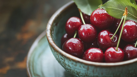 A close-up of cherries in a ceramic bowl, with a few leaves as garnish.の素材
