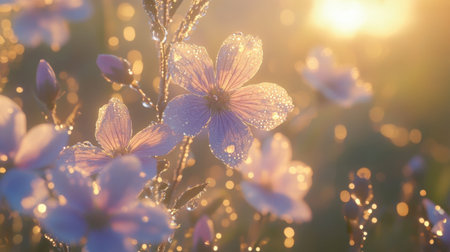 A close-up of delicate wildflowers, showcasing their intricate petals and vibrant colors, with dew drops glistening in the morning sunlight.の素材