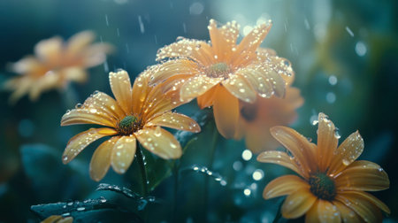 A close-up shot of wildflower petals with raindrops, highlighting their natural beauty and the refreshing feel of nature after a rain shower.の素材