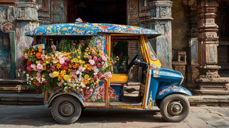 A colorful tuk-tuk decorated with flowers, parked in front of a historic temple, showcasing the fusion of culture and transportation.の素材