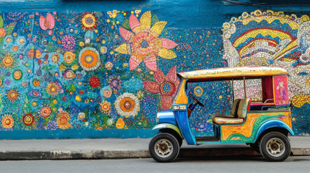 A colorful tuk-tuk parked against a mural, creating a stunning contrast of colors and showcasing local art and culture.の素材