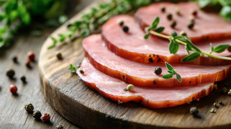 A close-up of sliced ham sausage on a wooden board, with herbs and peppercorns sprinkled around, showcasing the juicy texture and savory appeal.の素材