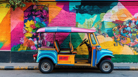 A colorful tuk-tuk parked against a mural, creating a stunning contrast of colors and showcasing local art and culture.の素材