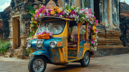 A colorful tuk-tuk decorated with flowers, parked in front of a historic temple, showcasing the fusion of culture and transportation.の素材