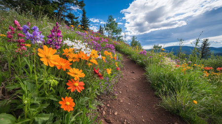 A colorful array of wildflowers growing along a hiking trail, encouraging outdoor enthusiasts to appreciate the beauty of their surroundings.の素材