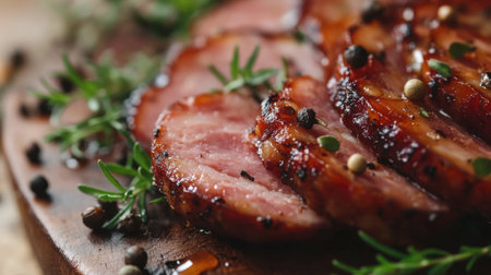 A close-up of sliced ham sausage on a wooden board, with herbs and peppercorns sprinkled around, showcasing the juicy texture and savory appeal.の素材
