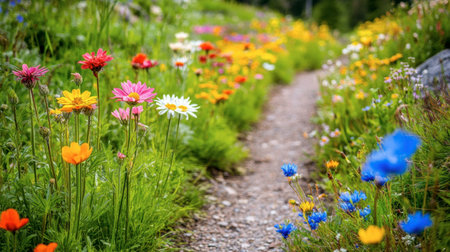 A colorful array of wildflowers growing along a hiking trail, encouraging outdoor enthusiasts to appreciate the beauty of their surroundings.の素材