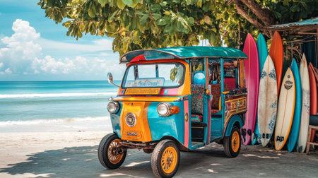 A colorful tuk-tuk parked near a beach with surfboards, highlighting the blend of adventure and relaxation in a coastal setting.の素材