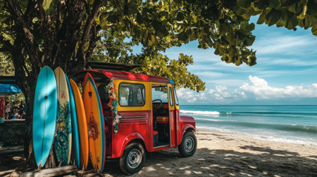 A colorful tuk-tuk parked near a beach with surfboards, highlighting the blend of adventure and relaxation in a coastal setting.の素材