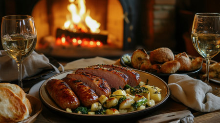 A cozy winter meal of ham sausage, roasted vegetables, and fresh bread, served by a fireplace.の素材