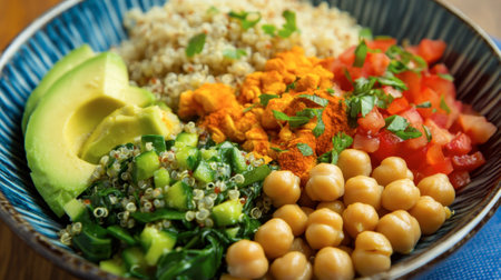 A colorful vegetarian Buddha bowl with chickpeas, spinach, quinoa, and avocado.の素材