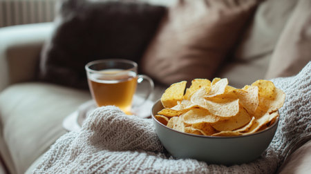 A cozy setup with a bowl of potato chips and a cup of hot tea on a sofa for a relaxed evening.の素材