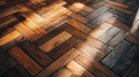 A detailed shot of parquet flooring in an elegant living room, showing different shades of natural wood and seamless pattern transitions.の素材