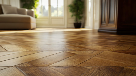 A detailed shot of parquet flooring in an elegant living room, showing different shades of natural wood and seamless pattern transitions.の素材