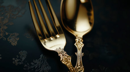 A detailed shot of a luxurious gold spoon and fork set against a dark, elegant backdrop.の素材