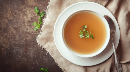 A dinner plate with a spoon and fork beside it, ready for a comforting bowl of homemade soup.の素材