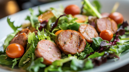 A creative salad featuring ham sausage slices, mixed greens, cherry tomatoes, and a light vinaigrette dressing.の素材