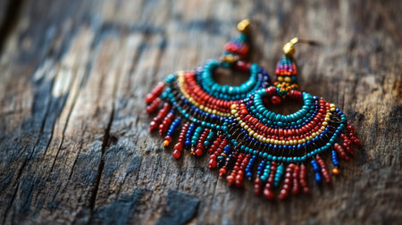 Colorful bohemian-style beaded earrings lying on a rustic wooden table.の素材