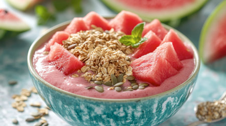 A vibrant smoothie bowl topped with watermelon chunks, granola, and seeds, showcasing a healthy breakfast option.の素材