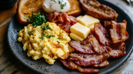 A breakfast platter with scrambled eggs, crispy bacon, and sliced ham sausage, served with fresh toast and butter.の素材