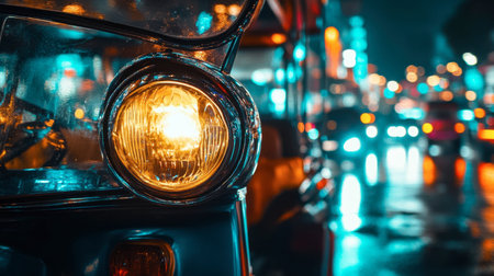 A close-up of a tuk-tuk unique headlight design, with a reflection of the city lights creating an artistic perspective.の素材