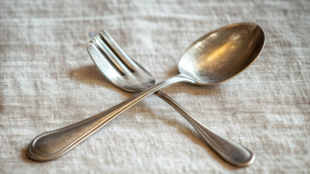 A close-up of a silver spoon and fork reflecting light, placed neatly on a tablecloth.の素材