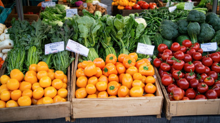 A colorful array of fresh organic vegetables at a farmer market, perfect for vegetarian dishes.の素材