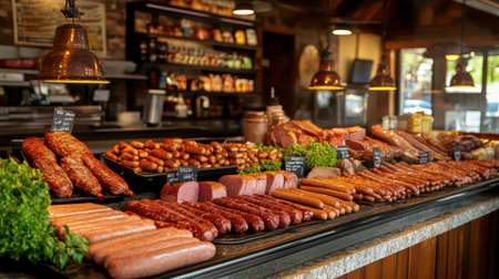 A deli counter filled with a variety of ham sausages, including spicy, smoked, and herb-flavored varieties, displayed in an inviting manner.の素材