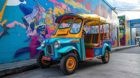 A colorful tuk-tuk parked against a mural, creating a stunning contrast of colors and showcasing local art and culture.の素材