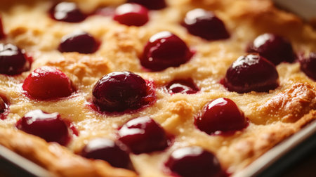 A freshly baked cherry cobbler, with golden crust and juicy red cherries bubbling inside.の素材