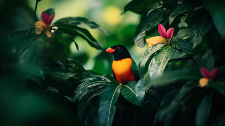 A little bird nestled among tropical leaves, showcasing its bright colors against a lush green backdrop.の素材