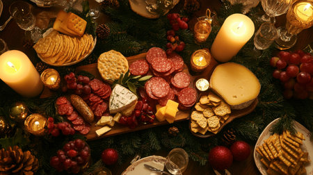 A festive holiday table with a charcuterie board featuring ham sausage, cheeses, crackers, and fresh fruit, surrounded by candles and decorations.の素材