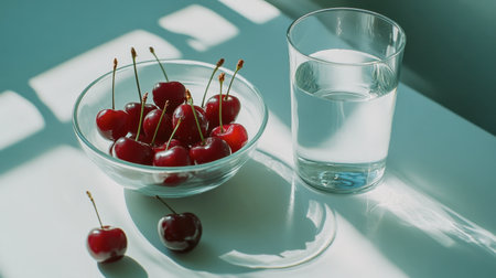 A healthy snack setup with a bowl of red cherries and a glass of water by the side.の素材