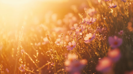 A landscape shot of a wildflower field during golden hour, with soft sunlight casting a warm glow and enhancing the colors of the flowers.の素材