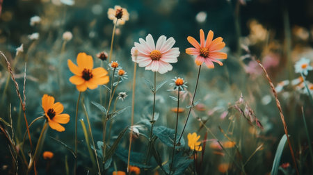 A group of wildflowers standing tall amidst tall grass, showcasing the wild beauty of nature and its untamed spirit.の素材
