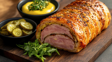 A freshly baked ham sausage roll, sliced and served with a side of pickles and mustard, perfect for a snack or light meal.の素材