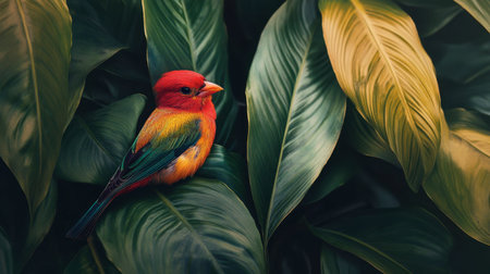 A little bird nestled among tropical leaves, showcasing its bright colors against a lush green backdrop.の素材