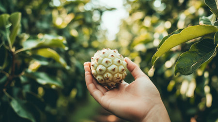 A hand holding a custard apple with soft focus on a lush orchard in the background.の素材