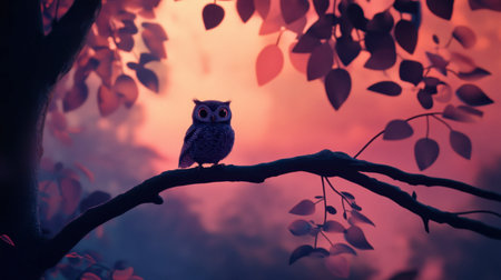 A little owl perched quietly on a tree branch at dusk, with a dreamy background of soft twilight colors.の素材