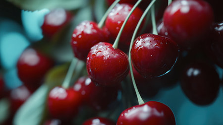 A macro shot of a bunch of red cherries still attached to the stems.の素材