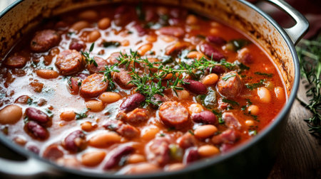 A hearty ham sausage and bean stew simmering in a large pot, with fresh herbs and spices visible in the rich broth.の素材
