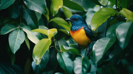 A little bird nestled among tropical leaves, showcasing its bright colors against a lush green backdrop.の素材