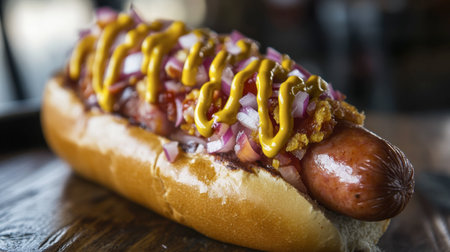 A hotdog-style ham sausage served in a soft bun, topped with mustard, ketchup, and onions, perfect for a fast-food themed image.の素材