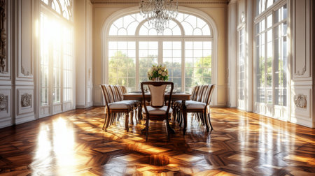 A luxurious dining room with elegant furniture and glossy parquet floors, showing intricate wood patterns and natural light reflection.の素材
