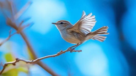 A little bird caught in the moment of taking off from a branch, its wings flapping against a backdrop of blue skies.の素材
