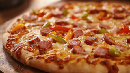 A ham sausage pizza fresh out of the oven, with gooey melted cheese, peppers, and onions, served on a rustic wooden table.の素材