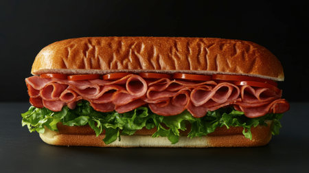 A gourmet sandwich with thick slices of ham sausage, fresh lettuce, tomatoes, and mustard, on a toasted bun.の素材